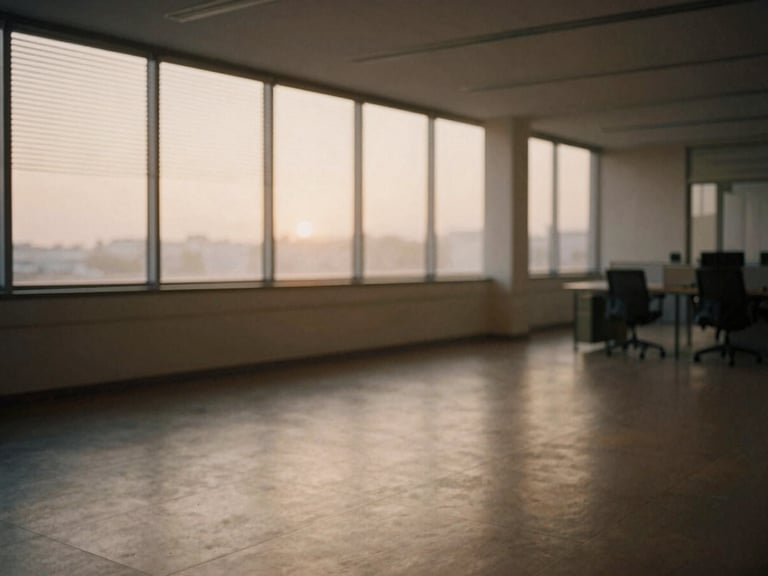 Wide environmental shot of a quiet, empty modern office space at dawn, soft indirect window light filtering through blinds, warm shadows, muted earth tones.