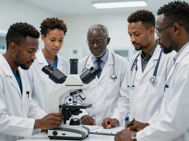 A group of diverse Nigerian medical residents in clean white coats collaborating around a modern digital microscope in a bright laboratory