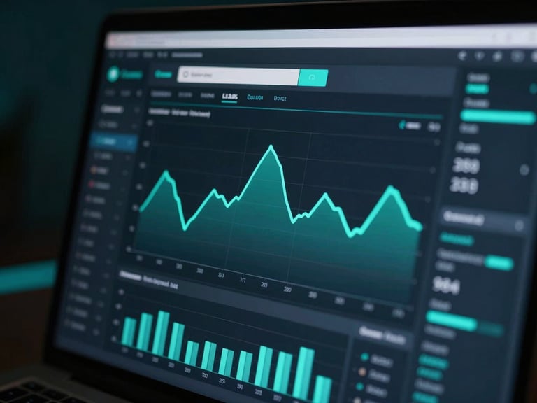 Close-up of a modern dark-mode analytics dashboard showing teal line graphs on a screen, cool-toned studio light, sharp focus