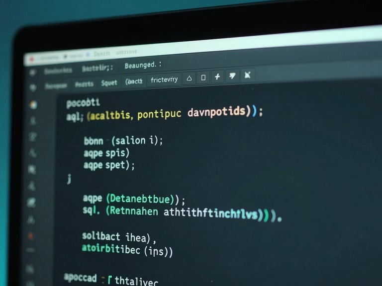 Macro shot of clean SQL code on a high-resolution monitor, cool moody ambient light, neon teal accents, sharp focus, 35mm
