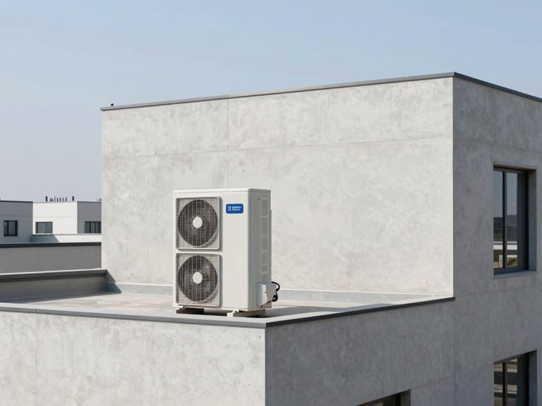 Minimalist modern concrete building rooftop, high-end sleek VRF outdoor units integrated cleanly, bright natural daylight, sharp focus, 35mm