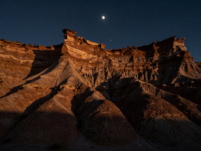 Extreme wide environmental shot of a dramatic geological formation at golden hour, low sun, long shadows, rich dark tones, fine art landscape photography