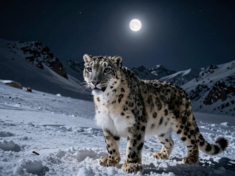 Telephoto close-up of a solitary snow leopard in a vast, snowy mountain landscape, natural low light, high contrast, fine art wildlife photography
