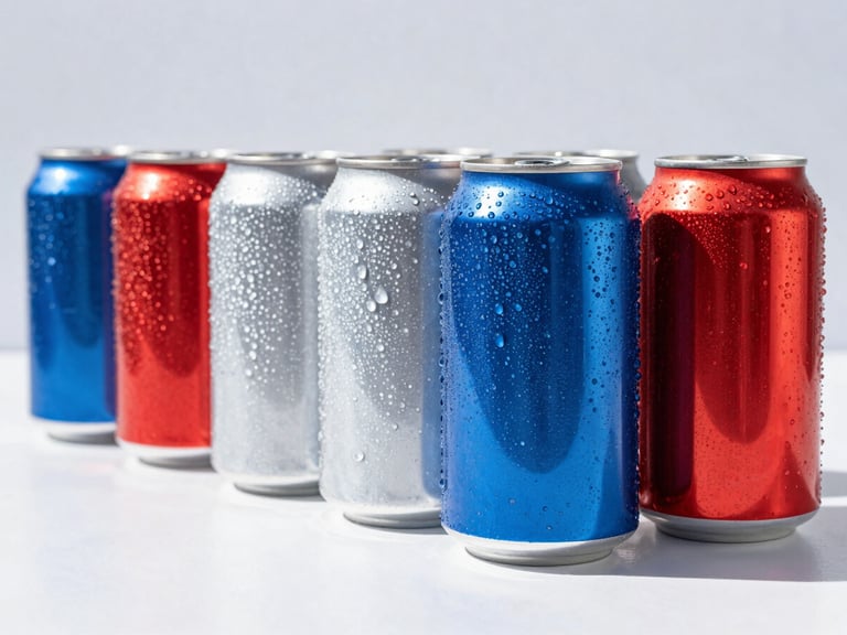 Medium-close commercial product shot of condensation-beaded aluminum beverage cans lined up on a clean, reflective white surface under bright, high-key natural daylight with sharp shadows.