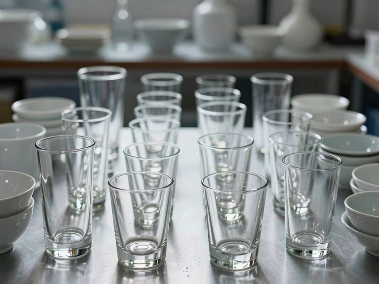 Symmetrical, neatly organized stacks of polished glassware and elegant pottery on a clean surface, bright professional lighting, gleaming reflections, pristine condition.