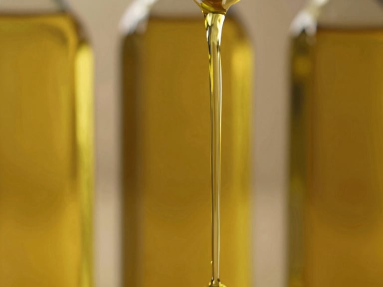 Close-up of golden vegetable oil pouring smoothly, warm golden-hour light, professional food photography, rich olive and gold tones, medium format
