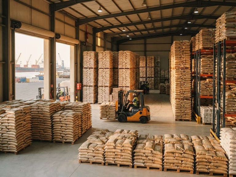 Professional commercial food warehouse in Mukalla port, warm morning light, stacked pallets of high-quality rice sacks, clean logistics environment, wide lens