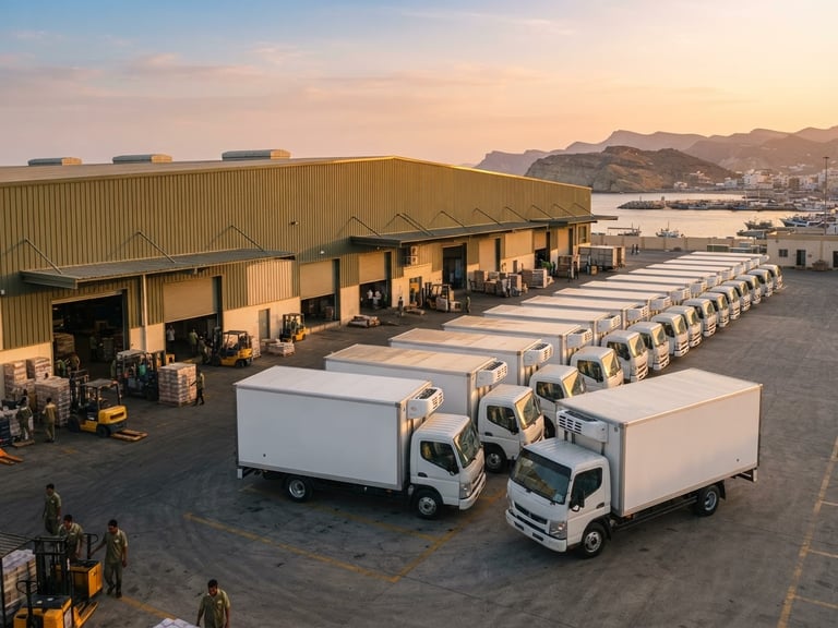 Wide panoramic shot of Al Mahdami wholesale food distribution trucks lined up outside a modern warehouse in Mukalla at sunrise, golden light reflecting on delivery vehicles, professional logistics