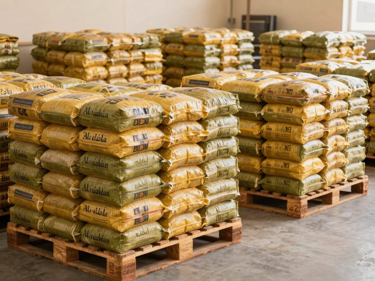 Organized pallets of Al-Radwan and Mandarin rice bags inside a spacious, clean modern warehouse in Mukalla, warm editorial daylight, medium format