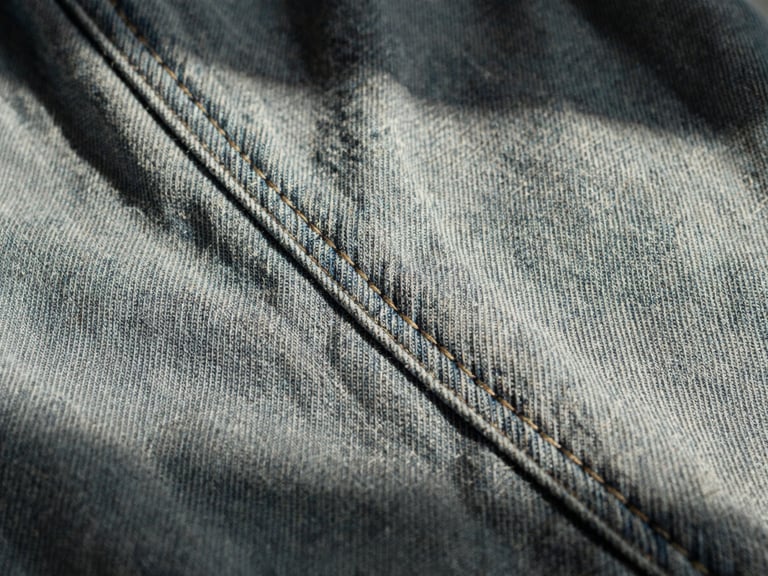 Macro close-up of bound garment seams on heavy Japanese raw denim, stark high-contrast side-lighting emphasizing the precise thread work, 35mm