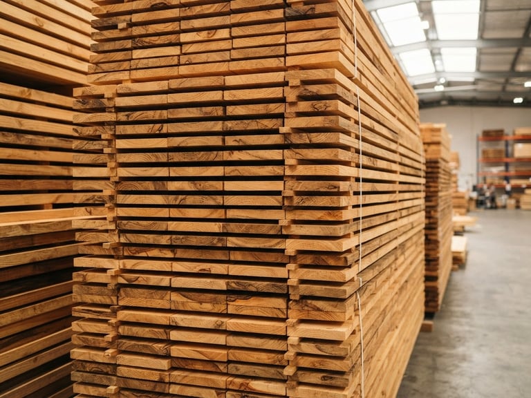 Close-up of neatly stacked, kiln-dried timber in a clean warehouse environment, natural bright daylight, sharp focus, rich wood textures, architectural framing, 35mm