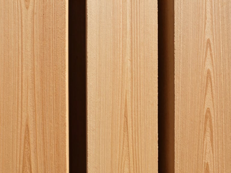 Large, evenly cut wooden planks and pillars, close-up, showing rich grain texture, natural bright daylight, sharp focus, clean architectural framing, 35mm