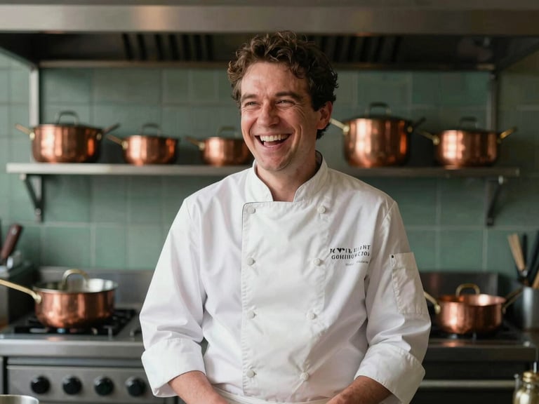 Candid shot of a chef laughing behind the pass, warm kitchen lighting, soft focus background with copper pans, natural documentary style.