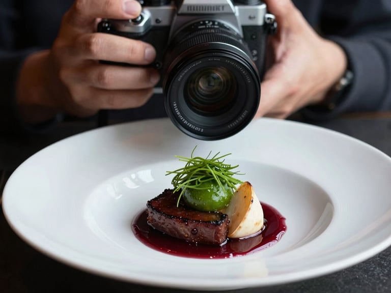 Close-up of a photographer's hands holding a camera, capturing a beautifully plated dish in a restaurant setting, moody Scandinavian daylight, high contrast, 35mm lens.