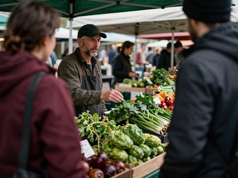 A farmer interacting with customers at a vibrant local food market stall, natural light, genuine connection, high-contrast.