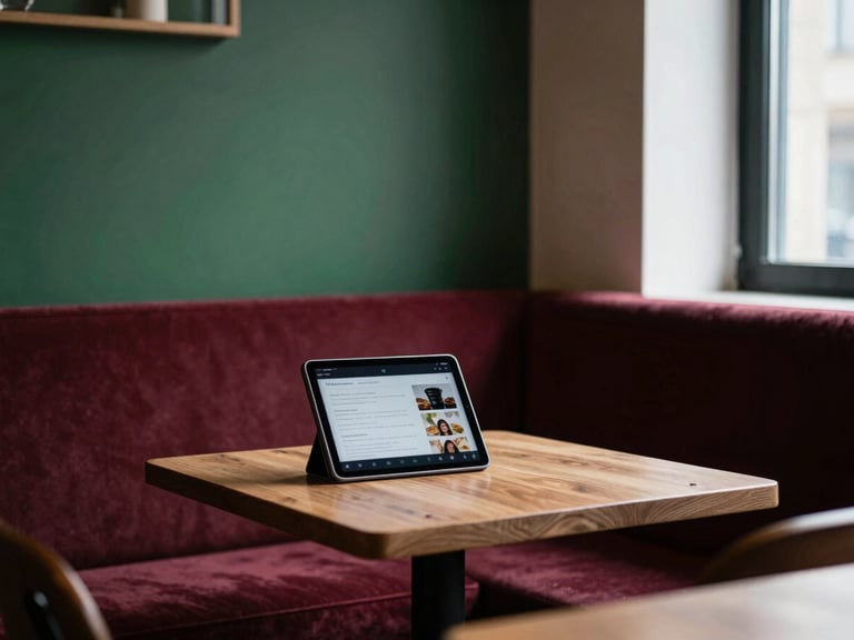 Behind-the-scenes shot of a social media manager planning content on a tablet in a cozy, Scandinavian-style restaurant corner, soft natural light, high contrast, 35mm lens.