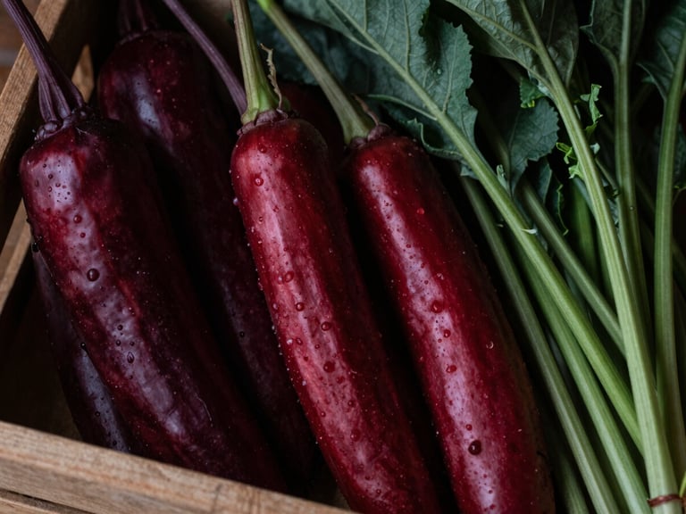Close-up of freshly picked seasonal vegetables in a wooden crate, dappled natural light, rich textures, deep crimson and matte forest green accents.