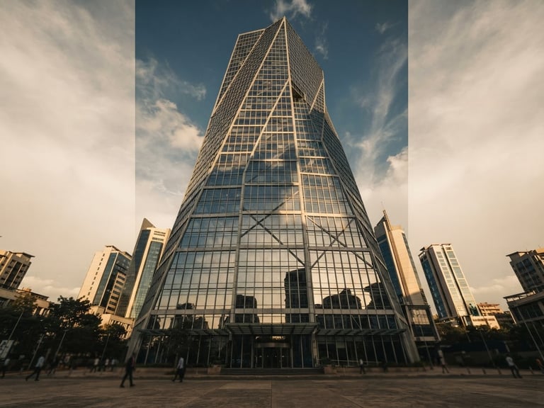 Symmetrical low-angle architectural shot of a modern corporate skyscraper facade in Nairobi, sharp geometric shadows, soft directional sunlight, warm desaturated tones, 35mm film style.