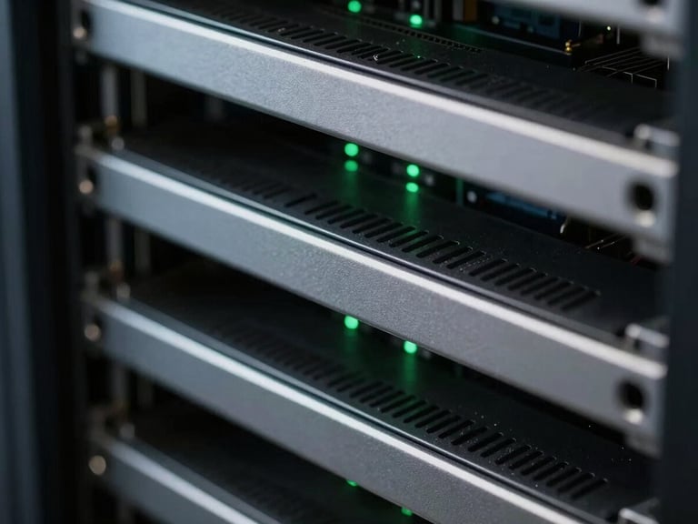 Extreme close-up of server hardware rack, clean metallic lines, faint green led indicators casting a subtle glow in a dark server room.