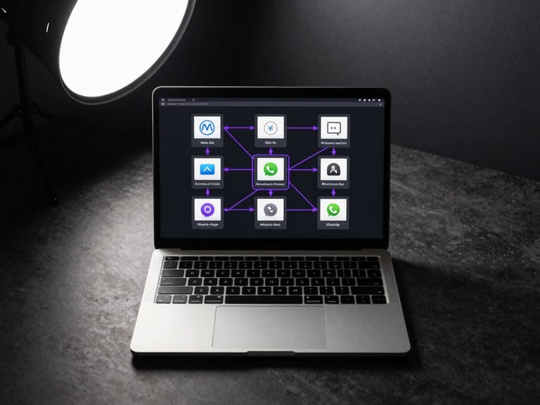 Overhead flat-lay of a dark desk surface with a laptop showing a system architecture diagram connecting Meta Ads nodes to AI clone content blocks to WhatsApp agent endpoints, purple connector lines on a near-black interface, cool studio strobe light from above casting sharp shadows, no human hands visible, minimal objects surrounding the screen