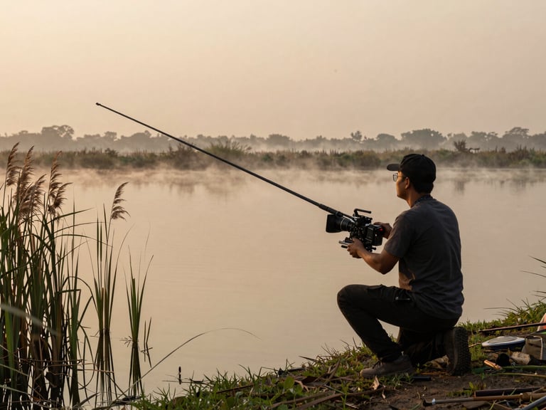 Close environmental frame: a documentary sound recordist kneeling at the edge of a haor waterway at dawn, boom pole extended over still amber-lit water, reed stems in the foreground, mist on the far bank, natural dawn light, no faces visible