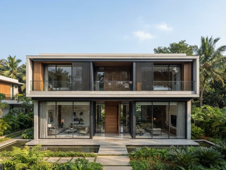 Straight-on architectural elevation of a modern luxury villa in Bengaluru with large-span minimalist glazing, bright natural daylight, sharp structural lines, 35mm.