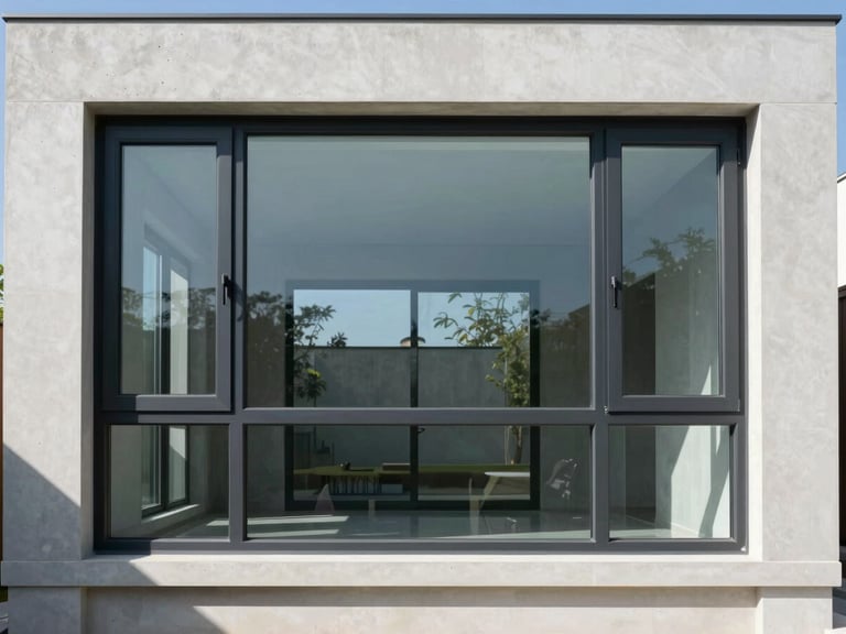 Straight-on elevation of a large-span uPVC sliding window system in a concrete luxury villa, bright natural daylight, sharp architectural shadows