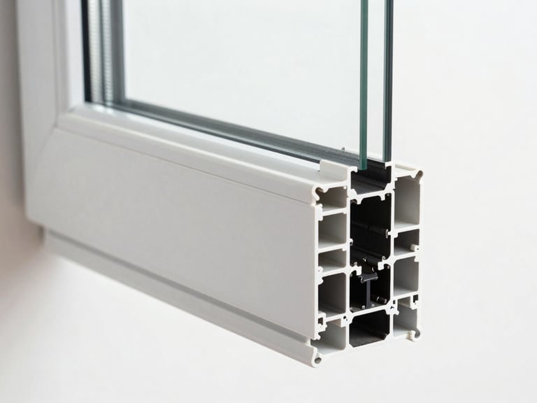 Macro architectural photography of a multi-chambered uPVC window profile cross-section, showing the internal chambers and tight seals, clean studio lighting