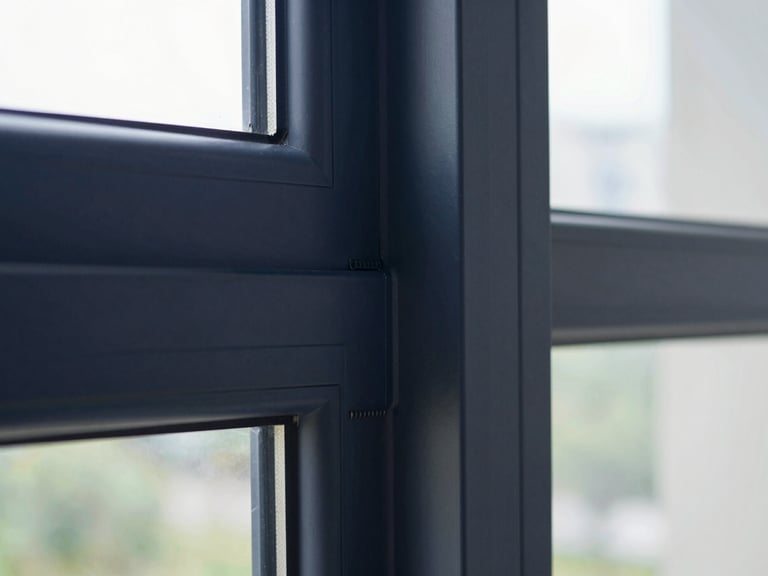 Close-up of a sleek corner joint on a dark navy uPVC frame, highlighting the seamless weld and weather-resistant seal, architectural precision