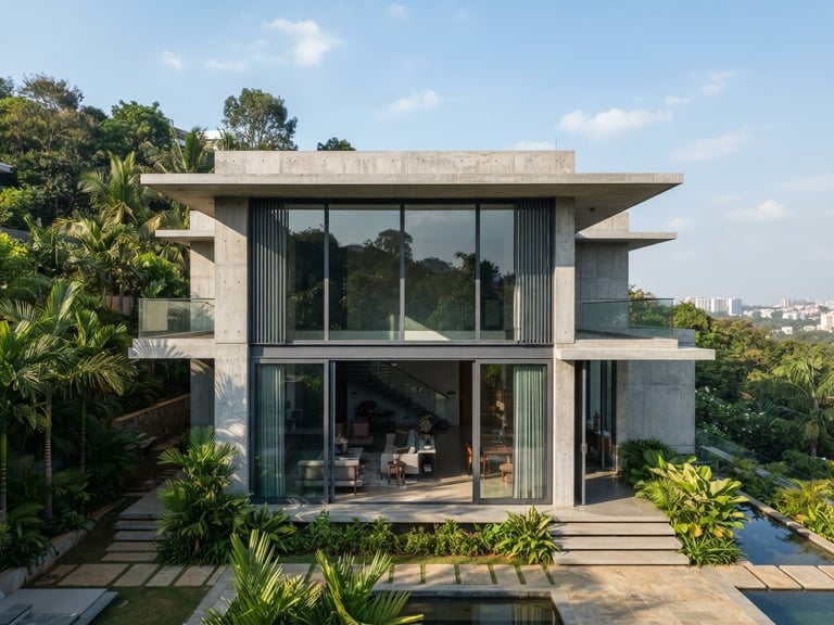 Wide-angle architectural exterior of a modern luxury concrete villa in Bengaluru, featuring towering double-height aluminium sliding windows, sharp afternoon shadows, bright natural daylight, 35mm.