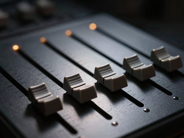 Cinematic close-up of high-end studio faders with subtle gold accent lights, deep shadows, single directional light source