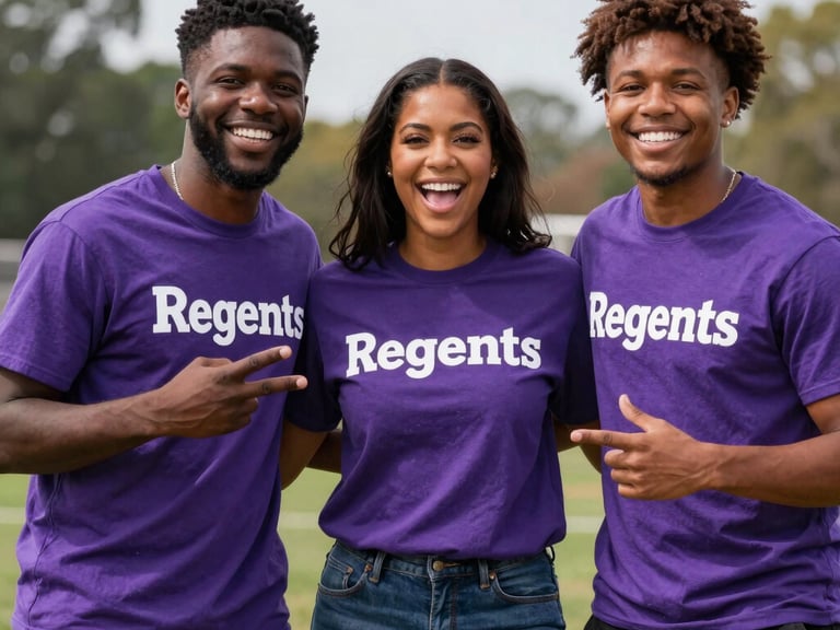 Warm candid photograph of a group of friendly young camp counselors laughing together in the sun, wearing matching green Regents camp shirts, bright natural light