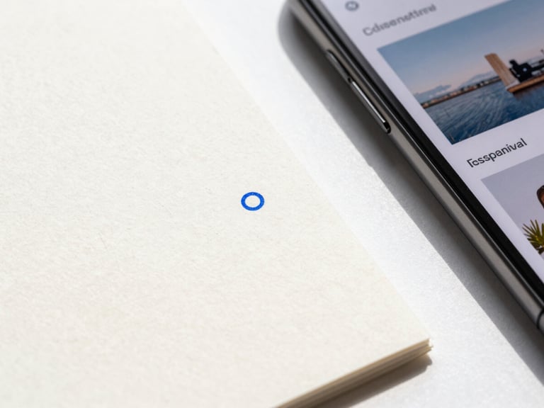 Macro flat lay of textured heavy-weight paper stocks with embossed electric blue ink details next to a sleek modern smartphone showing a responsive website layout, bright natural studio light, clean sharp shadows