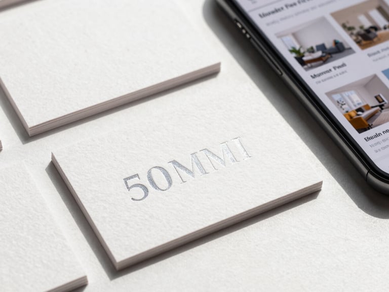 Straight-on flat lay of textured heavy-weight business cards with debossed silver foil alongside a clean smartphone showing a responsive real estate website under bright natural studio light with sharp shadows.