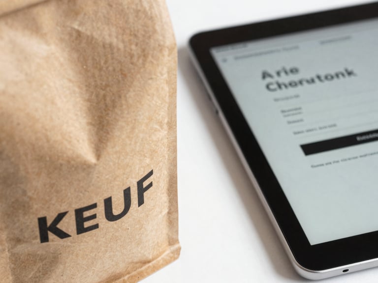 Macro shot of textured brown kraft coffee bags with bold black typography next to an open tablet displaying a minimalist e-commerce checkout page, bright daylight.