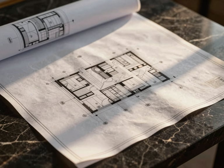 High-contrast macro shot of premium architectural blueprints laid out on a dark marble table, warm golden light catching the lines, luxury aesthetic.