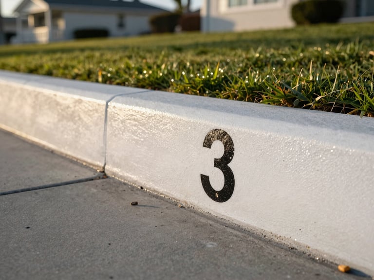 Bright Southern California afternoon sun reflecting off a freshly painted curb with crisp black numbers on a clean white background, green lawn and beach house in the soft-focus background.