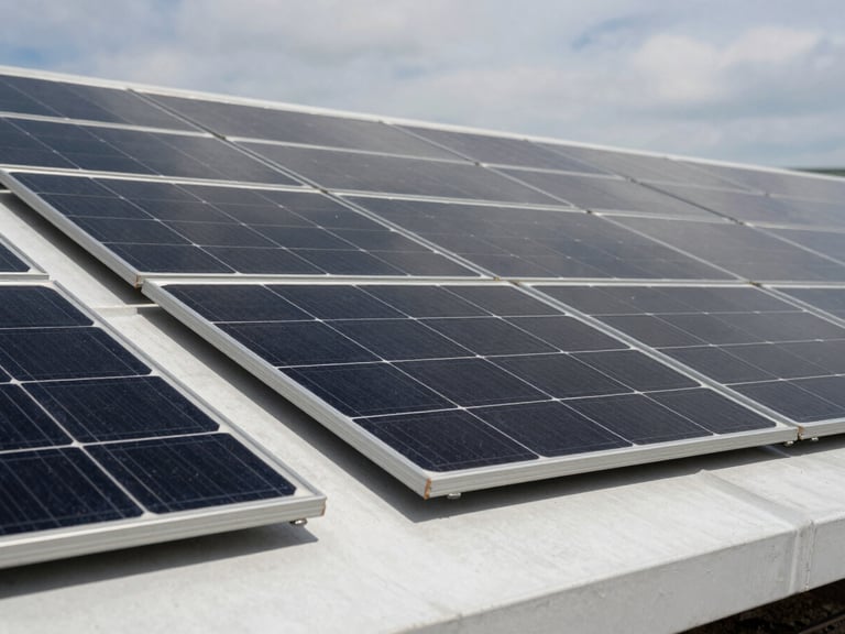 Close-up abstract architectural detail of all-black monocrystalline solar cells flush-mounted on a clean slate roofline, zero visible conduits, sharp shadows, overcast sky.