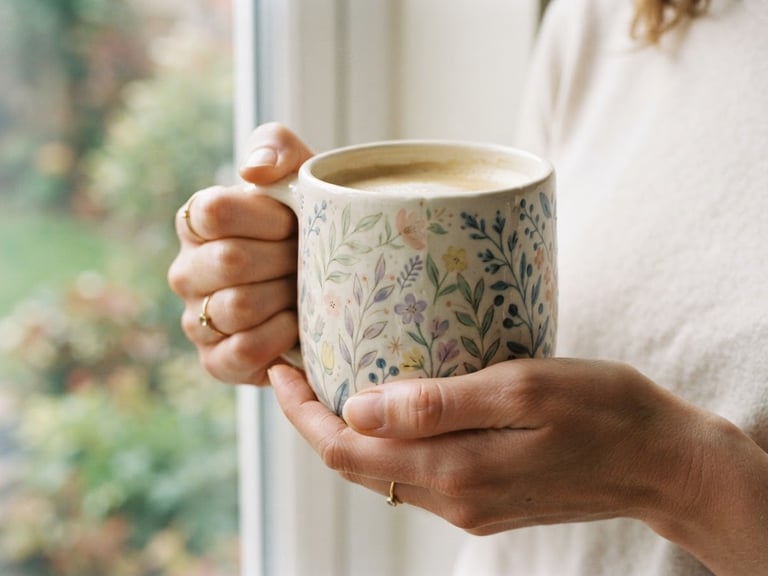 Close-up of hands holding a beautifully illustrated ceramic mug under soft morning light, pastel colors, shallow depth of field
