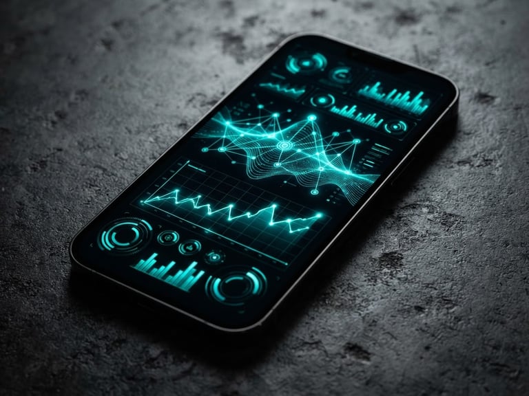 Macro close-up of an iPhone screen displaying a high-fidelity dark mode interface with neon teal data graphs, resting on a dark concrete surface, dramatic studio lighting.