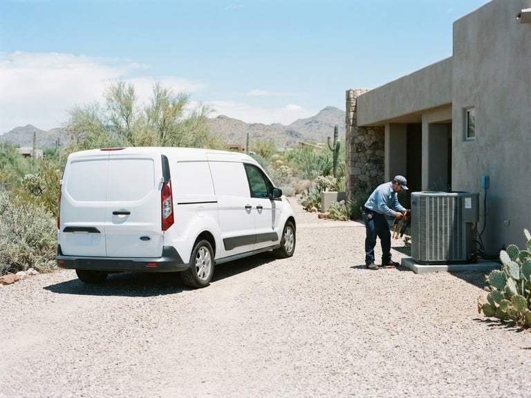 Wide shot of a clean, branded Established AC Solutions service truck parked in a desert driveway, an AC technician checking equipment in the background under bright midday desert sunlight, cool blue and metallic tones, sharp focus, 35mm lens