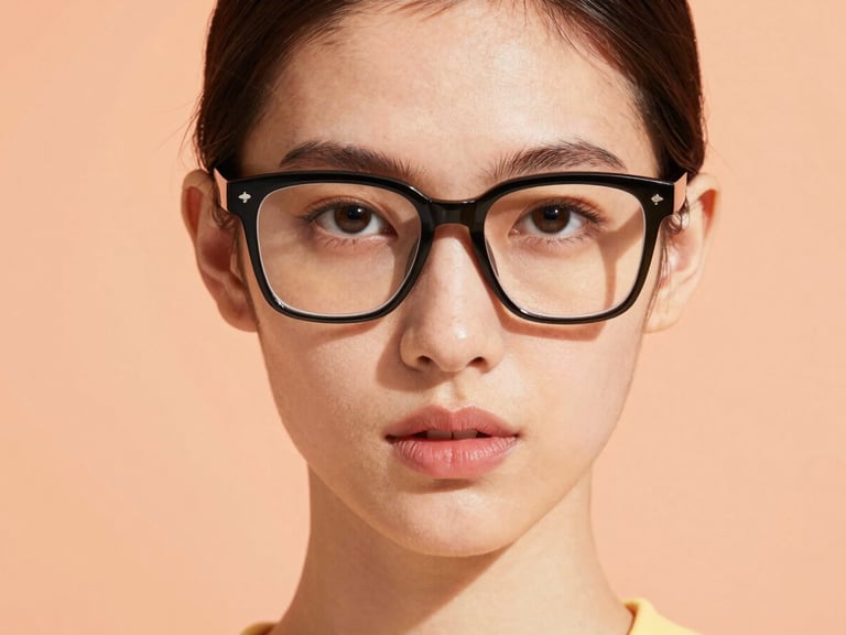 Close-up studio portrait of a stylish young model wearing bold optical glasses, vibrant pastel orange background, high-key lighting, 35mm lens.