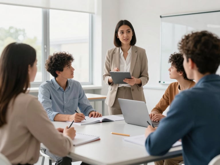 A teacher guiding a small group of diverse students in a language seminar, bright natural light, clean modern classroom, professional 35mm.