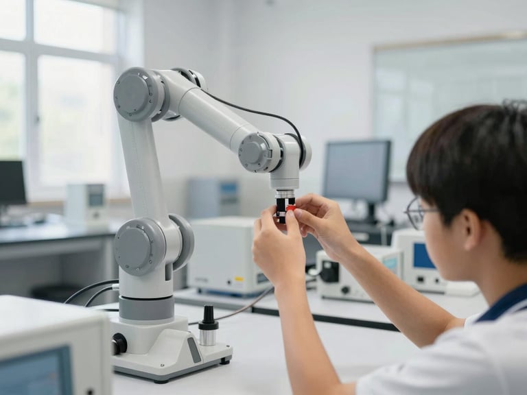 Hands of a student adjusting a robotic arm in a brightly lit STEM lab, modern equipment, focused and clean atmosphere, professional 35mm.