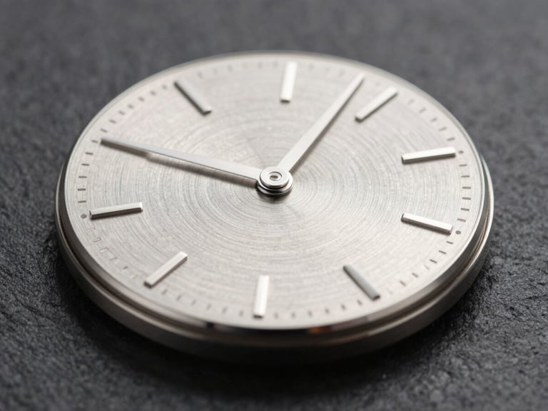Macro product shot of a brushed steel watch dial, sharp studio lighting, dark slate background, high contrast reflections, 16:9 landscape