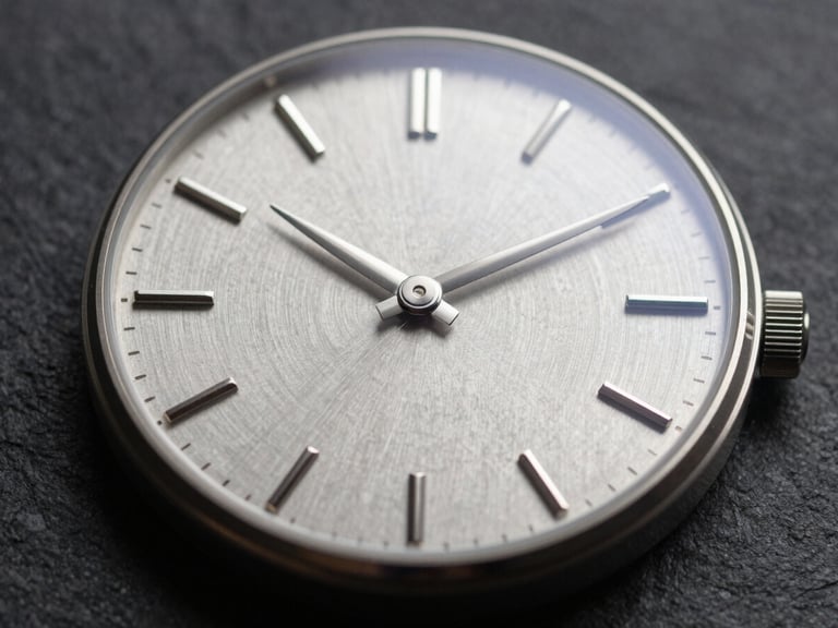Close-up of a minimalist silver wristwatch with a brushed metallic dial and sleek silver hands.
