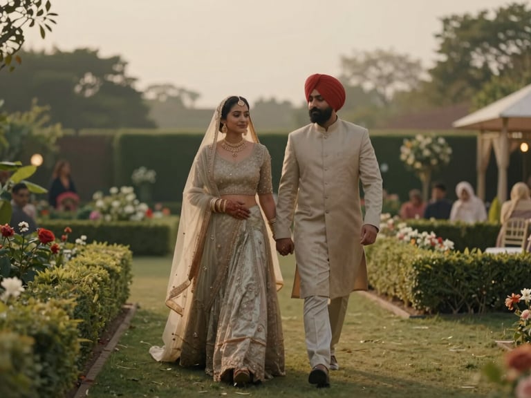 Cinematic wide shot of Dhruv and Japneet walking hand-in-hand through the wedding venue gardens, soft golden-hour light, rich muted tones, 35mm film look.