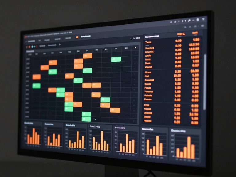 Full-screen dashboard mockup on a dark monitor, showing real-time appointment data: a calendar grid with color-coded booking slots, a sidebar panel with live message counts and response-time metrics highlighted in neon orange, and a bottom row of small bar charts tracking daily booking volume — screen-lit studio lighting, close-up framing on the monitor display with soft orange glow on active data points, dark charcoal background surrounding the screen