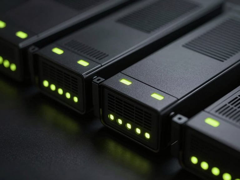 Close-up of high-end server hardware with subtle neon lime indicator lights, dark dramatic shadows, studio lighting, minimalist tech aesthetic