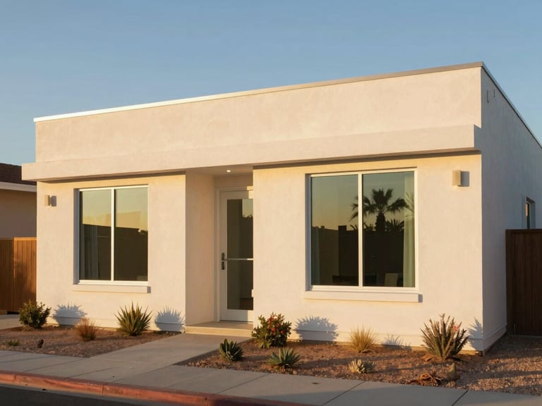 A bright, modern Las Vegas home exterior at golden hour, clean architectural lines, warm natural light reflecting off large windows, soft desert landscaping.